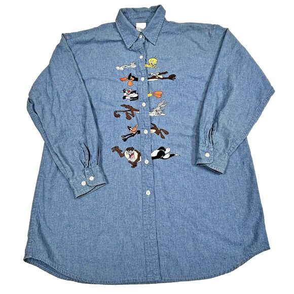 Warner Bros. Tops - Warner Bros. Studio Store Looney Tunes Cotton Chambray Blue Shirt Embroidered